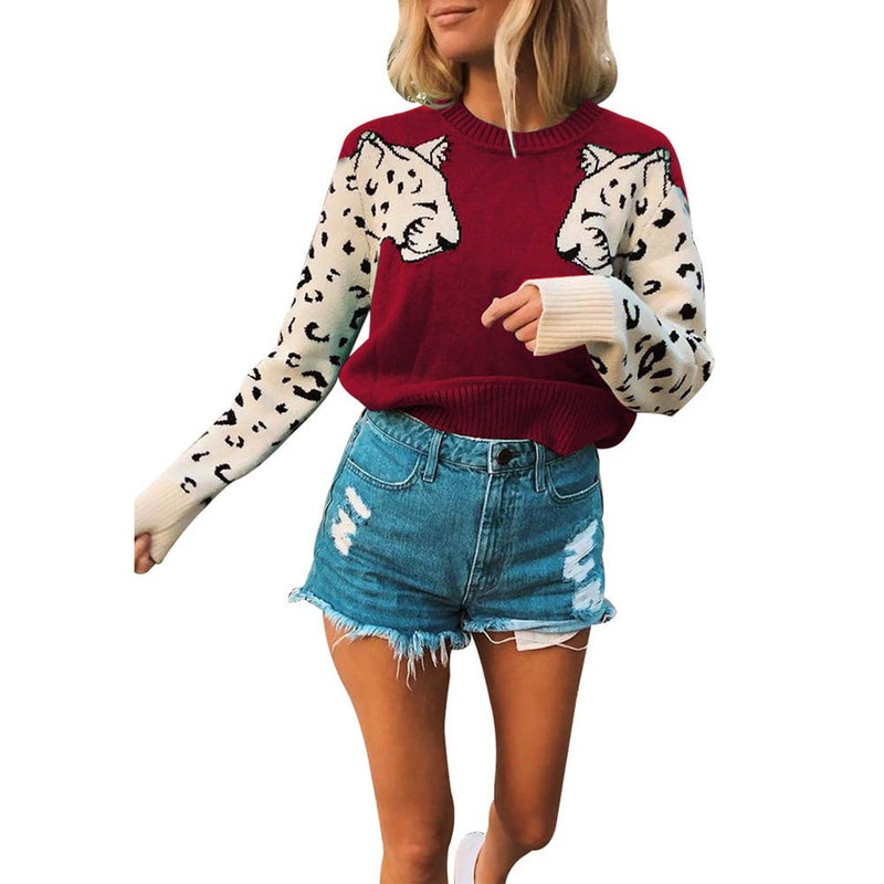 JUNBOON Womenâ€™s Casual Leopard Print Knitted Pullover Sweaters Long Sleeve Crew Neck Jumper Tops Red - Image 1